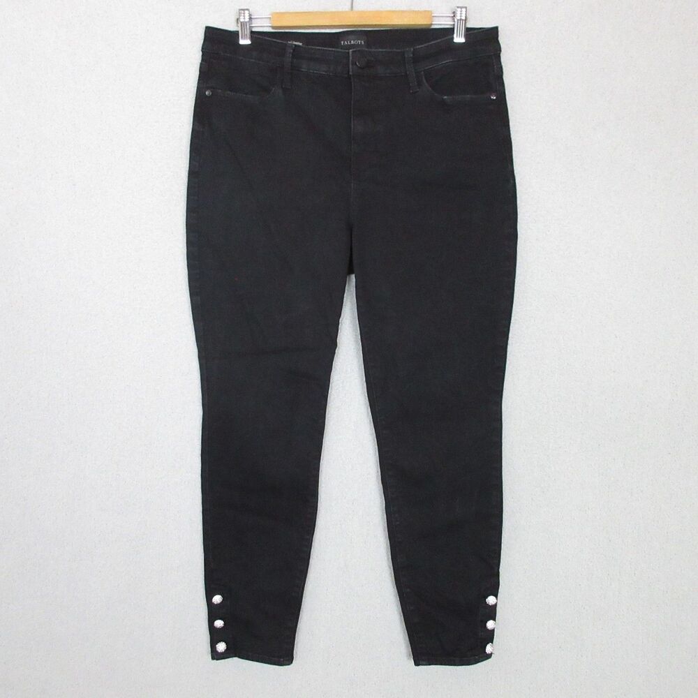 Talbots Jeans Womens 14 Jegging Black Ankle Rhinestone Button Detail Stretch